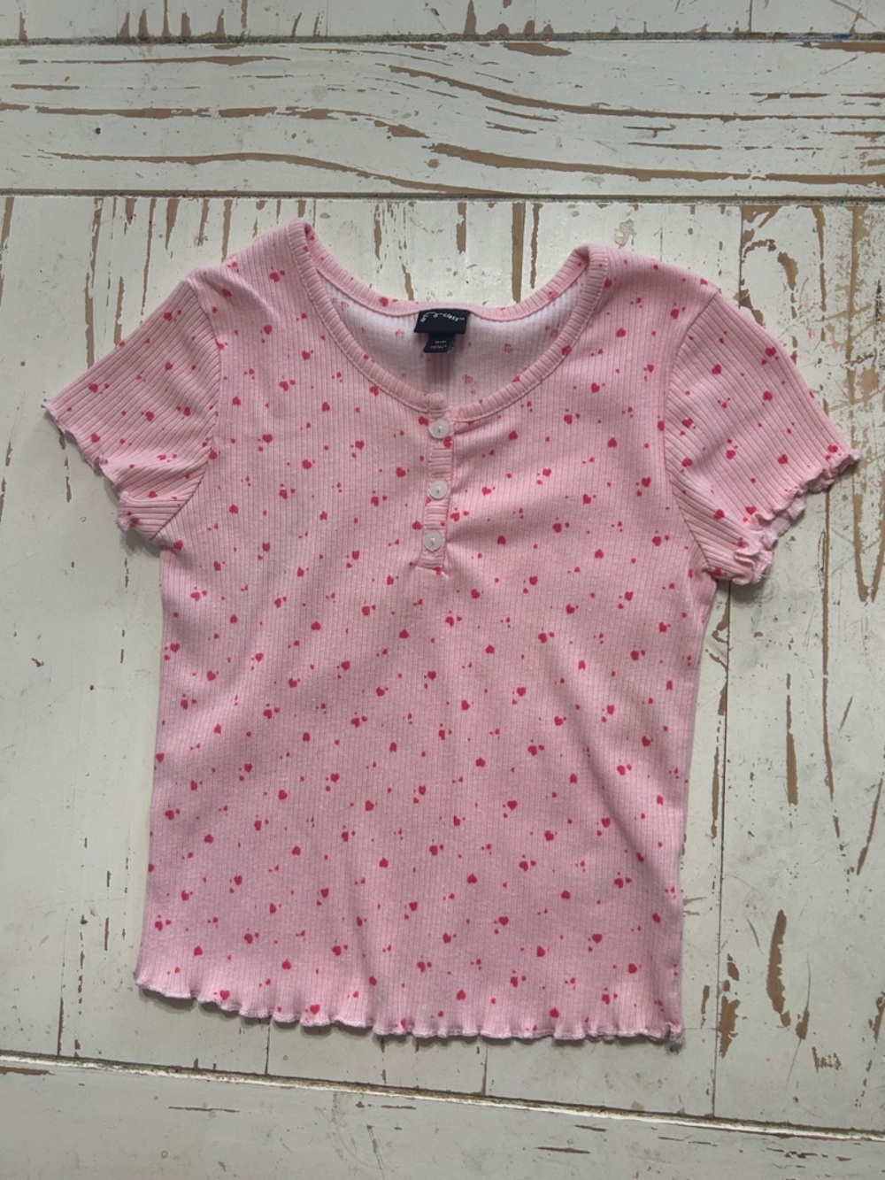 art class Pink Ribbed Henley Top with Heart Print